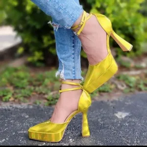 Womens Double Sole Pointy Platform Heels Yellow Hologram Color