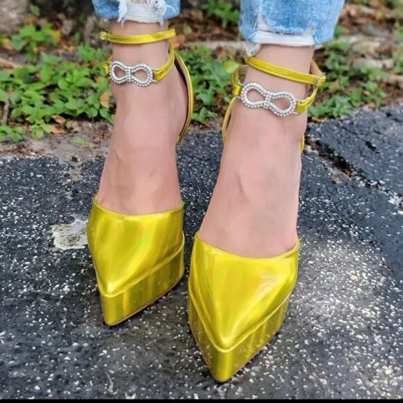 Womens Double Sole Pointy Platform Heels Yellow Hologram Color