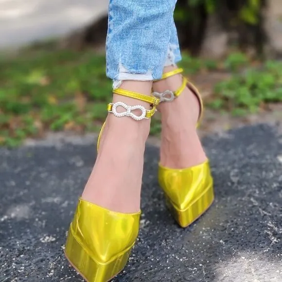 Womens Double Sole Pointy Platform Heels Yellow Hologram Color