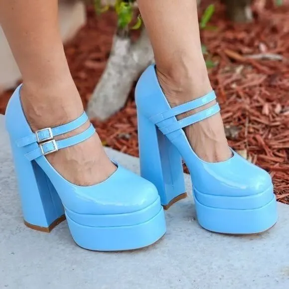 Women's Double Strap Patent Platform Pumps Blue Color