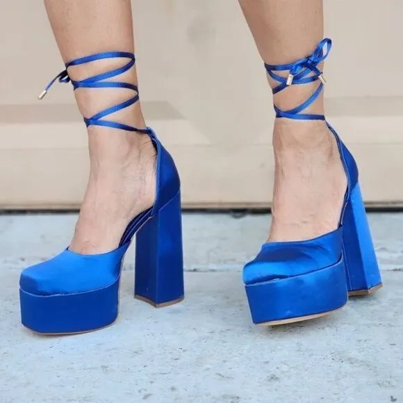 Womens Satin Platform Chunky Lace Up Heels Blue Color