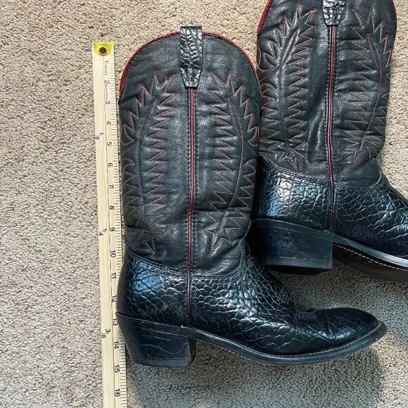 Wrangler Boots Mens 9.5D Black Red Vintage Leather Cowboy Made USA Embroidered