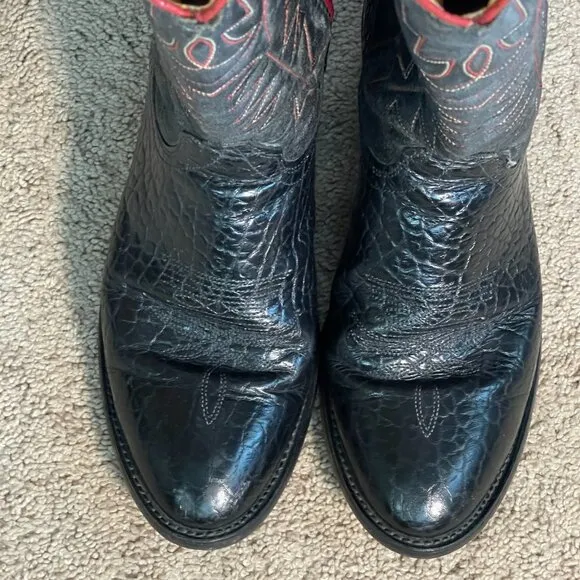 Wrangler Boots Mens 9.5D Black Red Vintage Leather Cowboy Made USA Embroidered