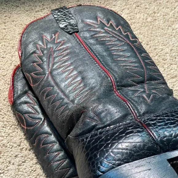 Wrangler Boots Mens 9.5D Black Red Vintage Leather Cowboy Made USA Embroidered