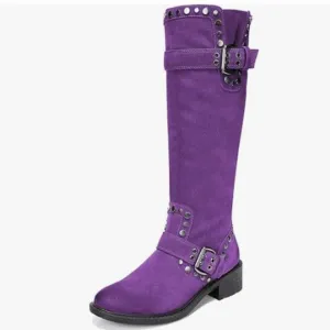 XYD Purple Knee High Boot Rivets Studded Double Buckles Chunky Heel Zip Shoe