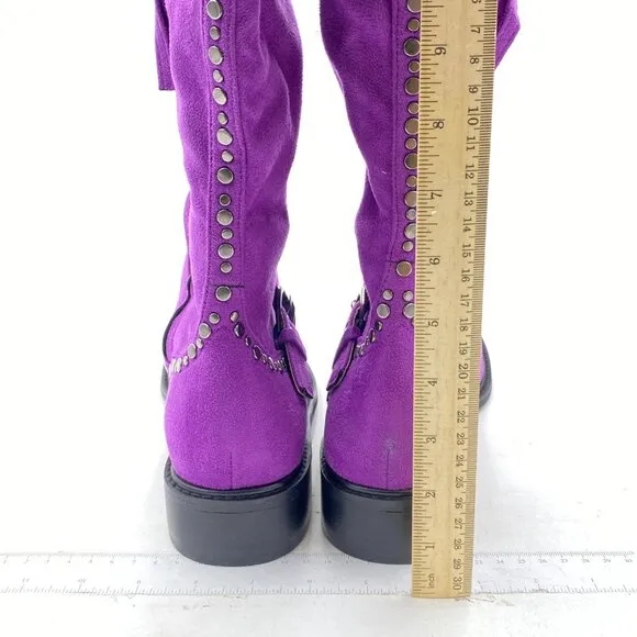 XYD Purple Knee High Boot Rivets Studded Double Buckles Chunky Heel Zip Shoe