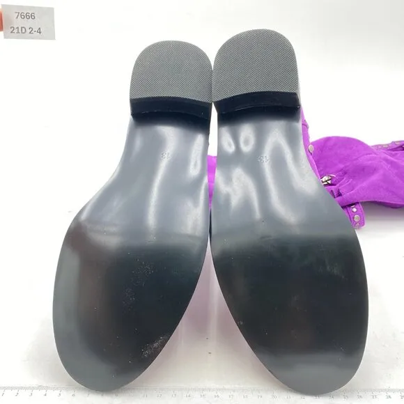 XYD Purple Knee High Boot Rivets Studded Double Buckles Chunky Heel Zip Shoe