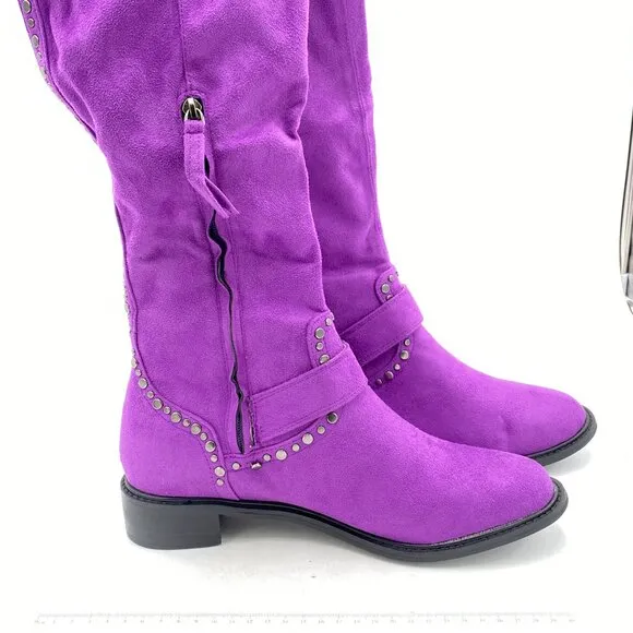 XYD Purple Knee High Boot Rivets Studded Double Buckles Chunky Heel Zip Shoe