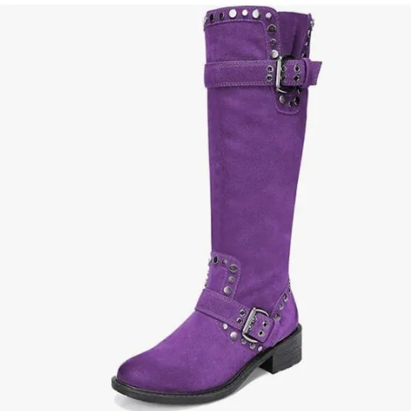 XYD Purple Knee High Boot Rivets Studded Double Buckles Chunky Heel Zip Shoe