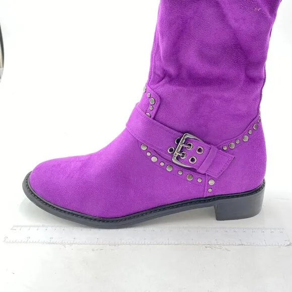 XYD Purple Knee High Boot Rivets Studded Double Buckles Chunky Heel Zip Shoe