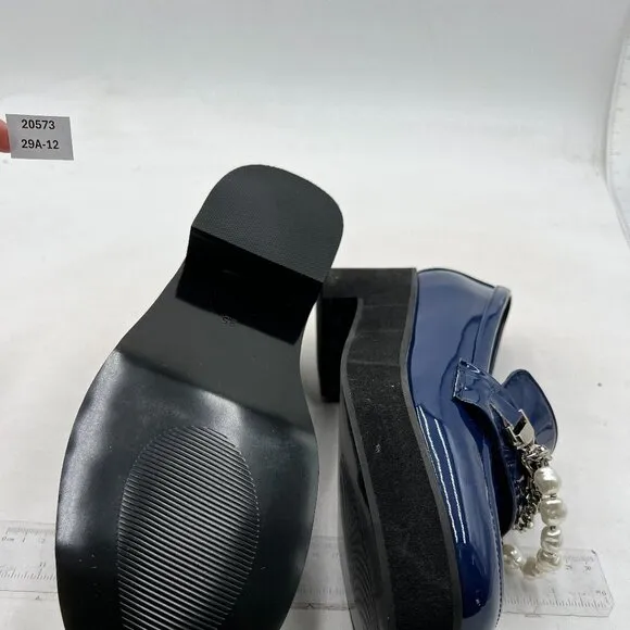 XYD Women Chic Platform Closed Square Toe Slip On Chains Pearl Loafer Blue Shoes
