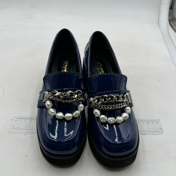 XYD Women Chic Platform Closed Square Toe Slip On Chains Pearl Loafer Blue Shoes