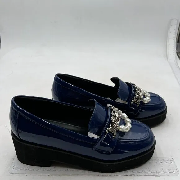 XYD Women Chic Platform Closed Square Toe Slip On Chains Pearl Loafer Blue Shoes