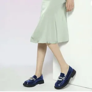 XYD Women Chic Platform Closed Square Toe Slip On Chains Pearl Loafer Blue Shoes
