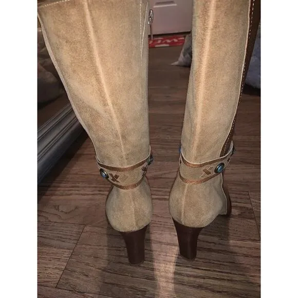 Y2K Leather Suede Stone Boots boho western vintage heel square toe spring