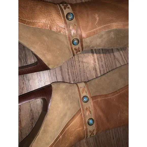 Y2K Leather Suede Stone Boots boho western vintage heel square toe spring