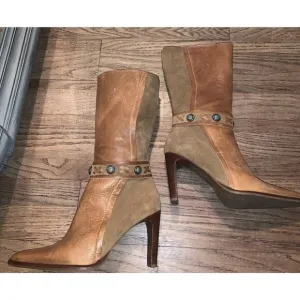 Y2K Leather Suede Stone Boots boho western vintage heel square toe spring