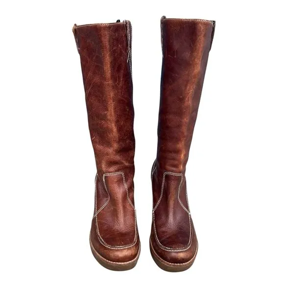 Y2K Michael Kors Brown Leather Knee High Wedge Pull On Boots 8.5 M Distressed
