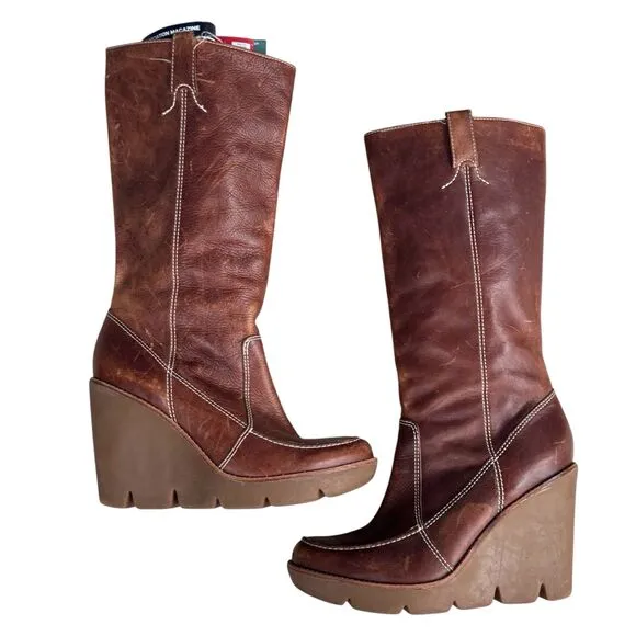 Y2K Michael Kors Brown Leather Knee High Wedge Pull On Boots 8.5 M Distressed