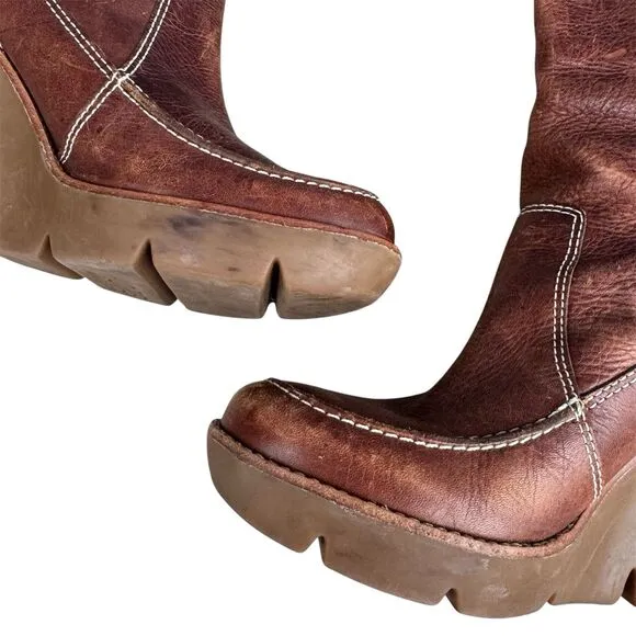 Y2K Michael Kors Brown Leather Knee High Wedge Pull On Boots 8.5 M Distressed