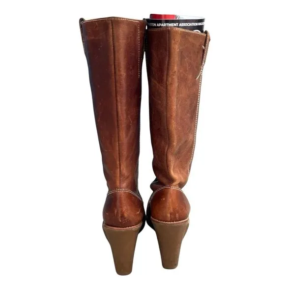 Y2K Michael Kors Brown Leather Knee High Wedge Pull On Boots 8.5 M Distressed