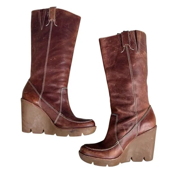Y2K Michael Kors Brown Leather Knee High Wedge Pull On Boots 8.5 M Distressed