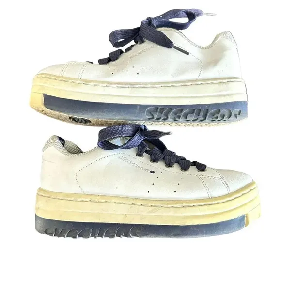 Y2K Skechers Chunky Platform Sneakers Shoes Womens 8 Leather White 90s Vintage