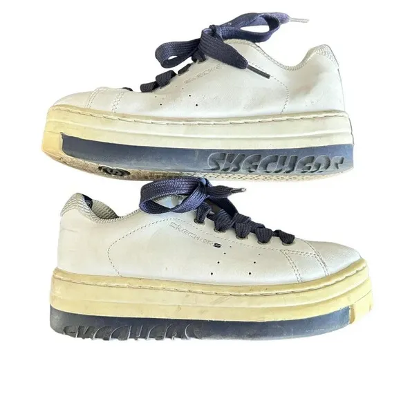 Y2K Skechers Chunky Platform Sneakers Shoes Womens 8 Leather White 90s Vintage