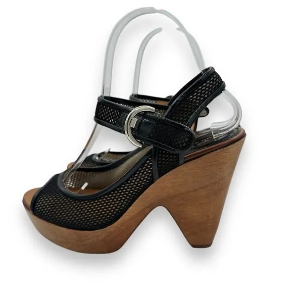 Y2K Vintage Sergio Rossi Wood Platform Wedge Sandals, Black Leather Boho AS IS