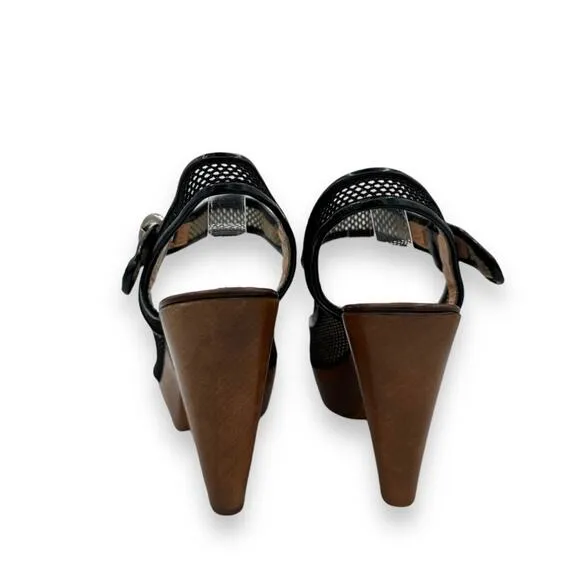 Y2K Vintage Sergio Rossi Wood Platform Wedge Sandals, Black Leather Boho AS IS