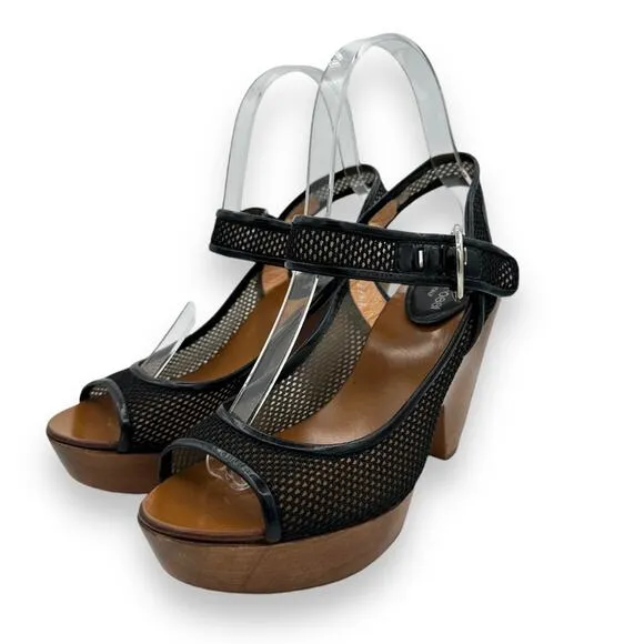 Y2K Vintage Sergio Rossi Wood Platform Wedge Sandals, Black Leather Boho AS IS