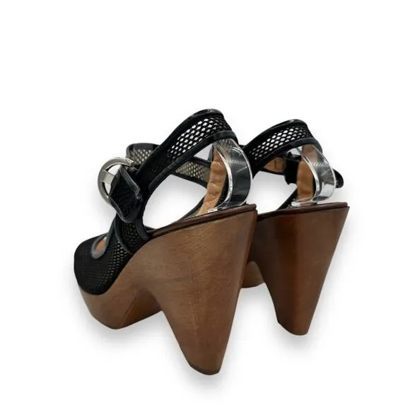 Y2K Vintage Sergio Rossi Wood Platform Wedge Sandals, Black Leather Boho AS IS