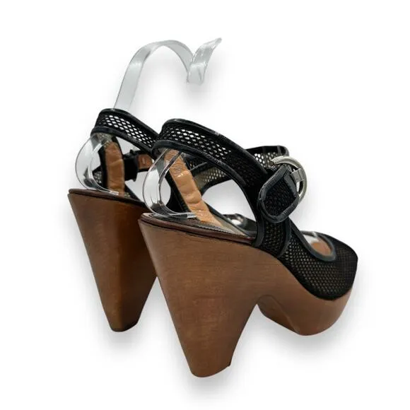Y2K Vintage Sergio Rossi Wood Platform Wedge Sandals, Black Leather Boho AS IS