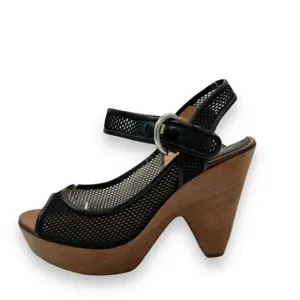 Y2K Vintage Sergio Rossi Wood Platform Wedge Sandals, Black Leather Boho AS IS
