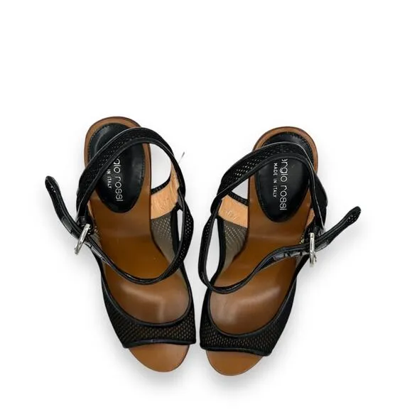 Y2K Vintage Sergio Rossi Wood Platform Wedge Sandals, Black Leather Boho AS IS