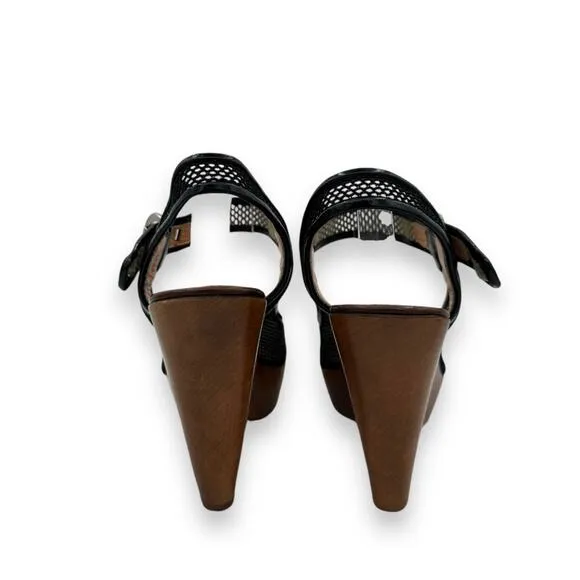 Y2K Vintage Sergio Rossi Wood Platform Wedge Sandals, Black Leather Boho AS IS