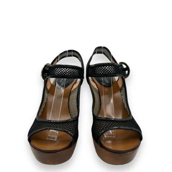 Y2K Vintage Sergio Rossi Wood Platform Wedge Sandals, Black Leather Boho AS IS