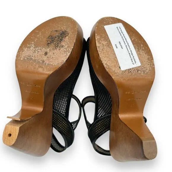 Y2K Vintage Sergio Rossi Wood Platform Wedge Sandals, Black Leather Boho AS IS