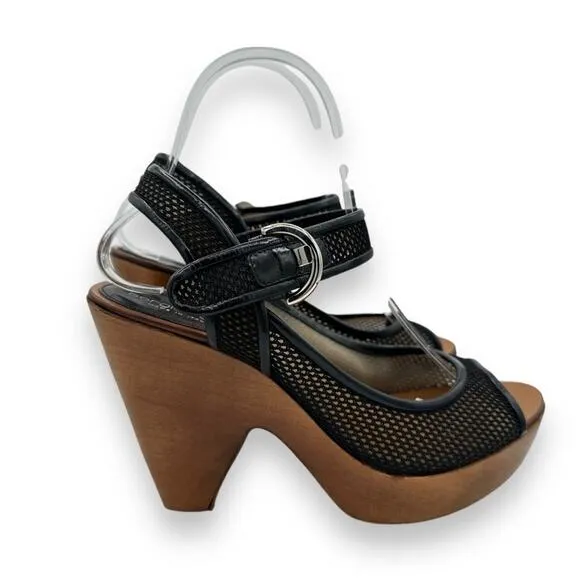 Y2K Vintage Sergio Rossi Wood Platform Wedge Sandals, Black Leather Boho AS IS