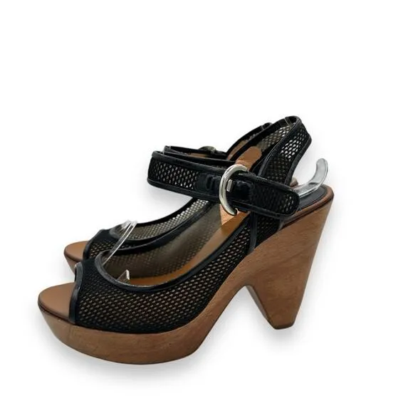 Y2K Vintage Sergio Rossi Wood Platform Wedge Sandals, Black Leather Boho AS IS