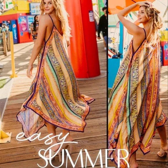 Yellow Orange Boho Print Midi Dress Shark Bite Hem V Neck Spaghetti Straps