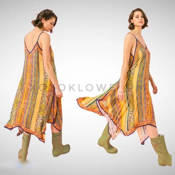 Yellow Orange Boho Print Midi Dress Shark Bite Hem V Neck Spaghetti Straps