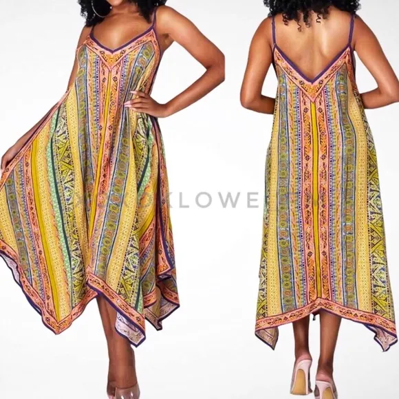 Yellow Orange Boho Print Midi Dress Shark Bite Hem V Neck Spaghetti Straps