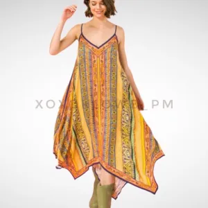 Yellow Orange Boho Print Midi Dress Shark Bite Hem V Neck Spaghetti Straps