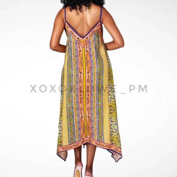 Yellow Orange Boho Print Midi Dress Shark Bite Hem V Neck Spaghetti Straps