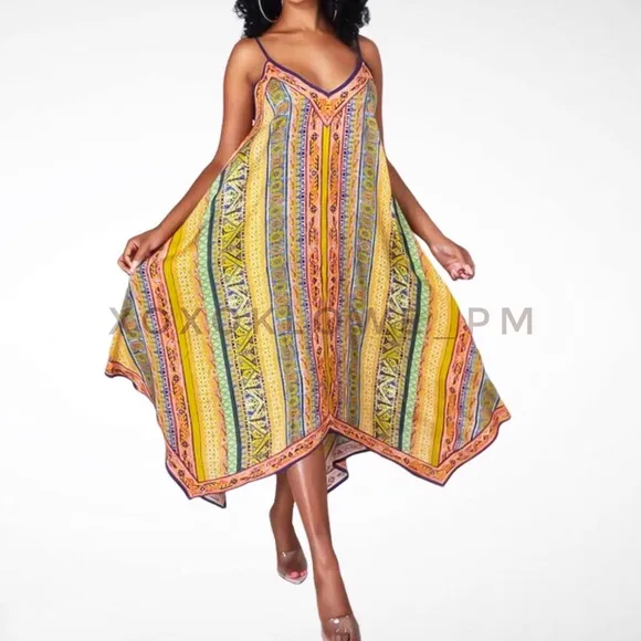 Yellow Orange Boho Print Midi Dress Shark Bite Hem V Neck Spaghetti Straps