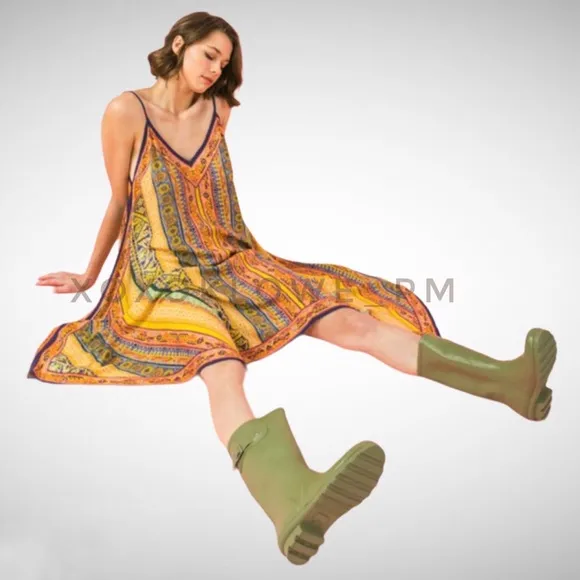 Yellow Orange Boho Print Midi Dress Shark Bite Hem V Neck Spaghetti Straps
