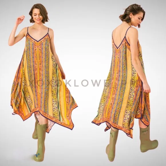 Yellow Orange Boho Print Midi Dress Shark Bite Hem V Neck Spaghetti Straps