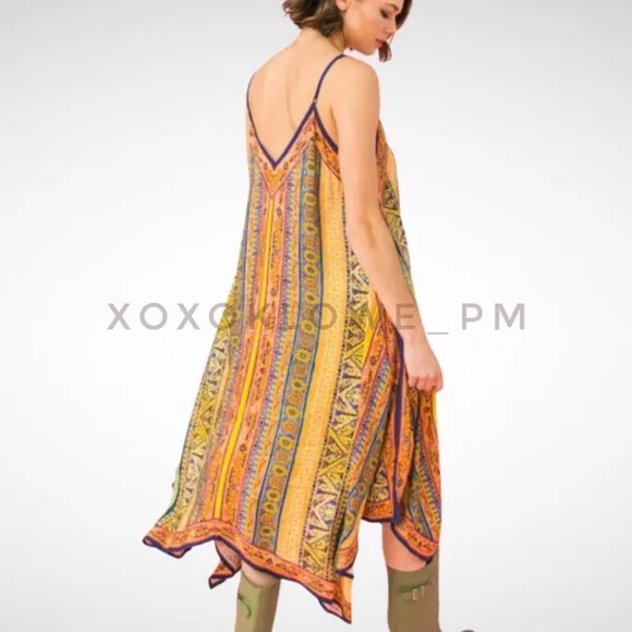 Yellow Orange Boho Print Midi Dress Shark Bite Hem V Neck Spaghetti Straps