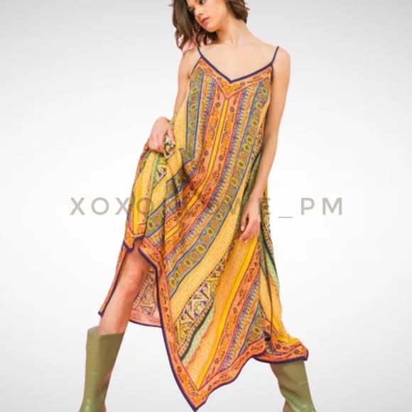 Yellow Orange Boho Print Midi Dress Shark Bite Hem V Neck Spaghetti Straps